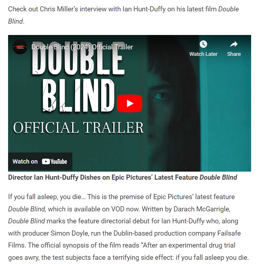 INTERVIEW WITH DIRECTOR OF DOUBLE BLIND – IAN HUNT-DUFFY